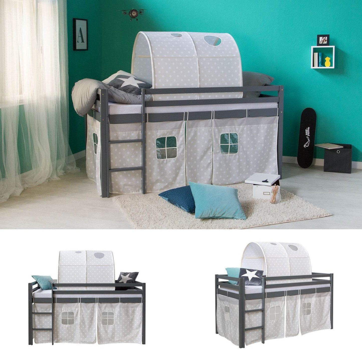 Hochbett Spielbett Kinderbett Kiefer Leiter Vorhang grau 90x200 Tunnel - Palo24