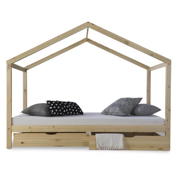 Kinderbett Hausbett 90x200 cm Matratze Kinderhaus Spielbett Holzbett Natur Bettkasten - Palo24
