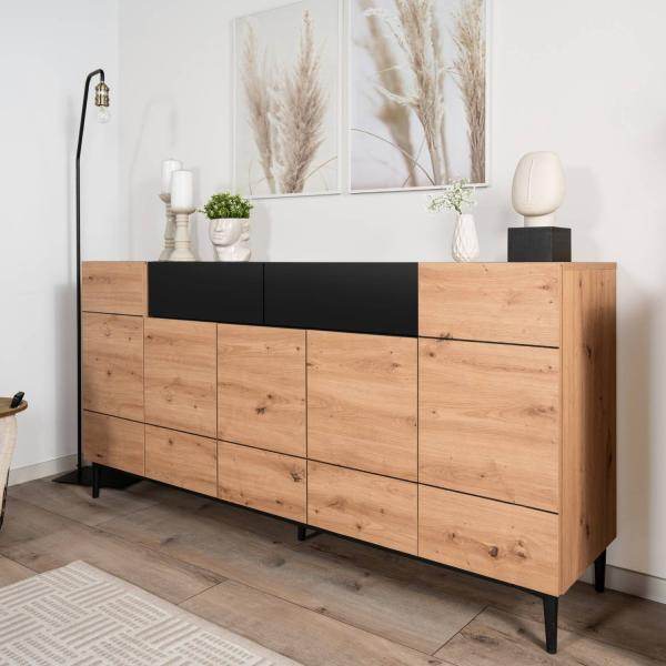 Sideboard Kommode Eiche Holz in Natur Schwarz Wohnzimmerschrank - Palo24