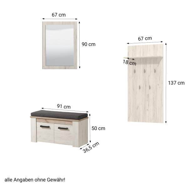 Flurgarderobe Garderoben Set Flurmöbel Komplettset 5-tlg Holz Eiche Weiss Grau Vintage - Palo24