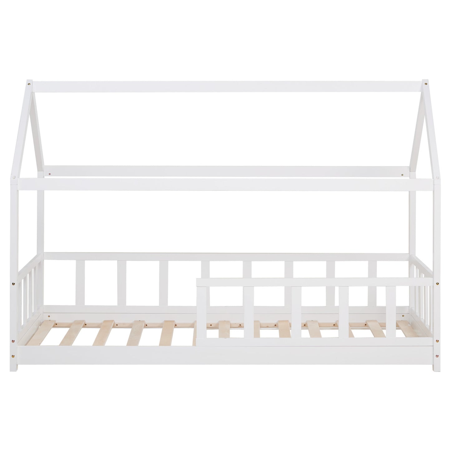 Kinderbett 90x200 cm Weiss | Hausbett mit Rausfallschutz | Montessori | Einzelbett | mit Lattenrost | Holz