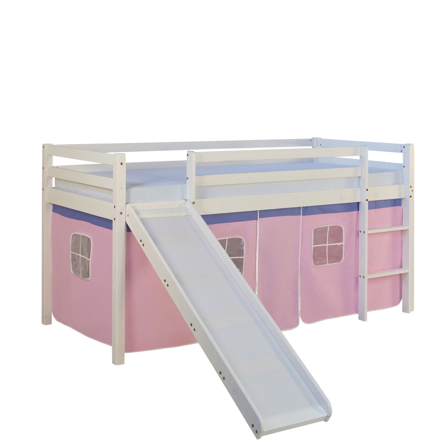 Hochbett Kinder 90x200 cm Weiss mit Vorhang in Rosa | Rutsche | mit Lattenrost