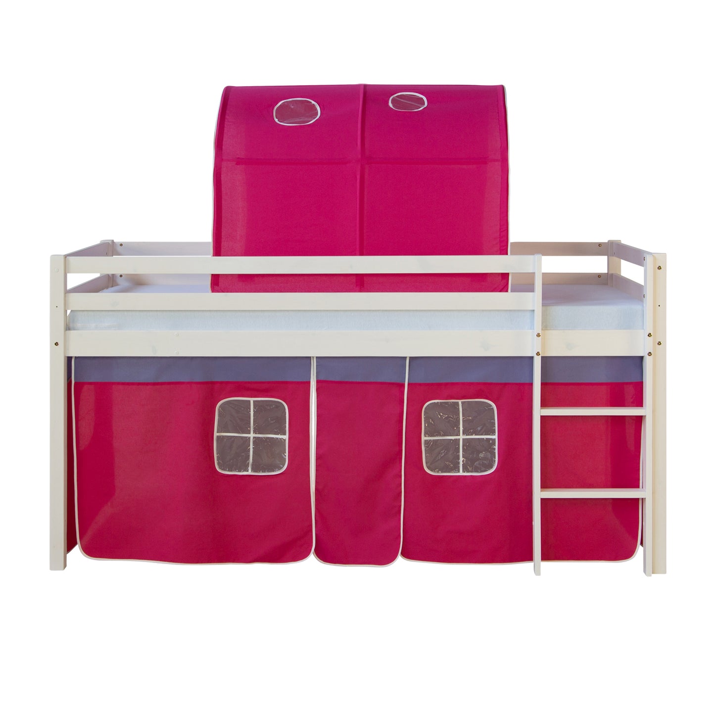 Hochbett mit Matratze 90x200 cm Kinderbett Tunnel Vorhang Pink Holz Kiefer Lattenrost