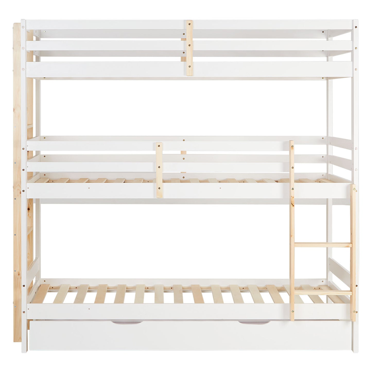 Etagenbett 3 Ebenen 90x200 cm Weiss | Leitern Natur | mit Bettkasten | mit Lattenrost