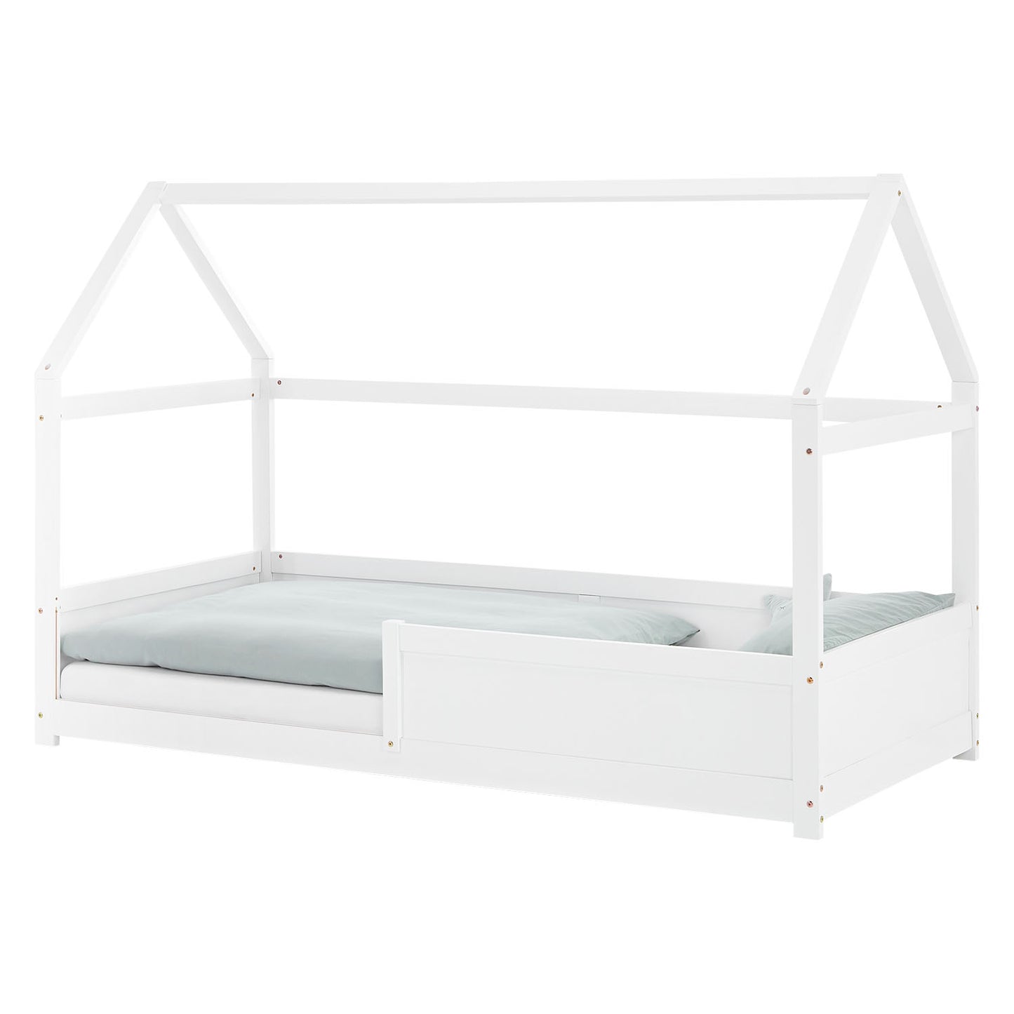 Kinderbett 90x200 cm Weiss | Hausbett mit Rausfallschutz | Montessori | Einzelbett | mit Lattenrost