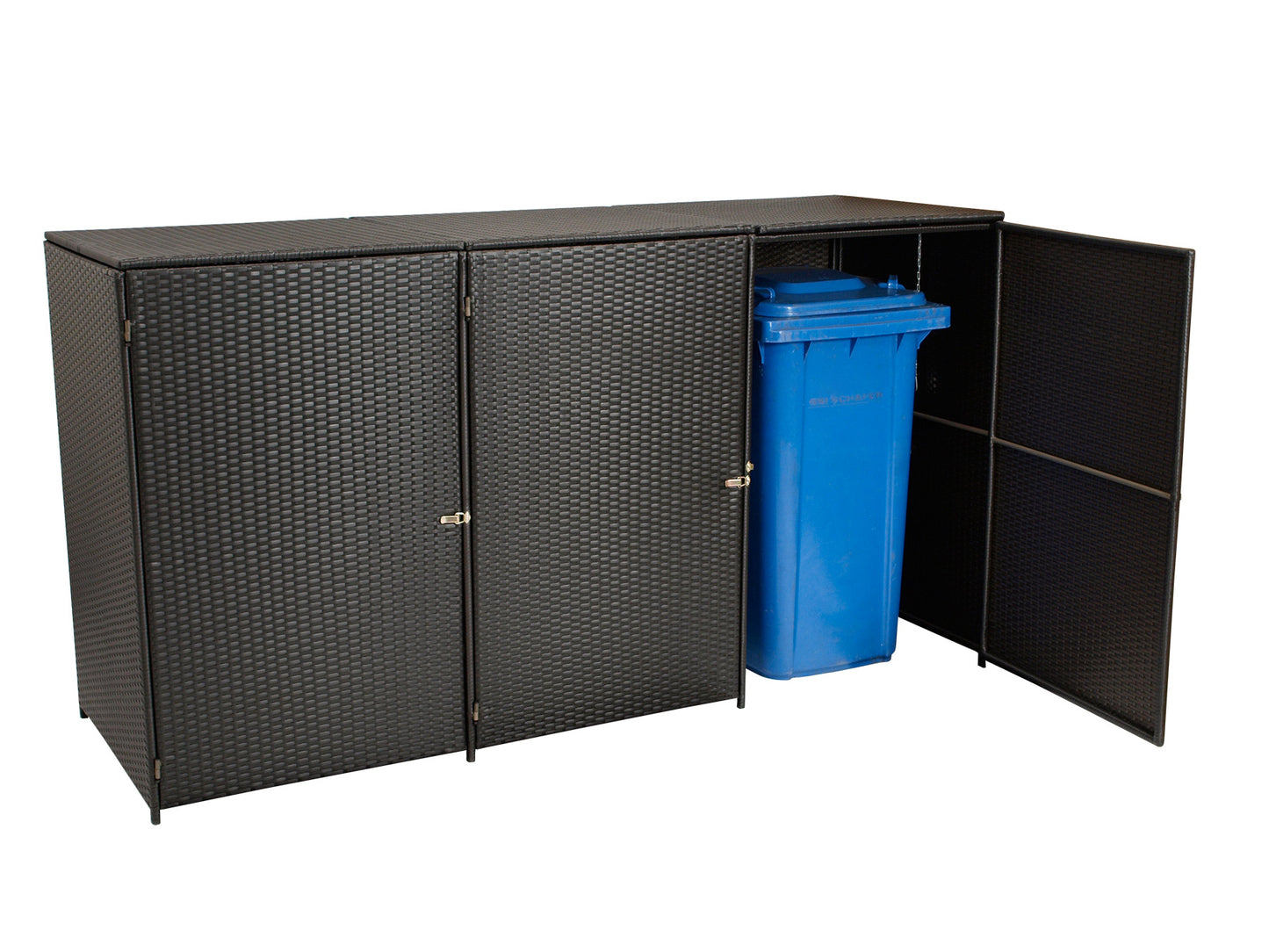 Mülltonnenbox Stahl + Polyrattan mocca, 189x66x109cm, für 3 Tonnen bis 120 Liter