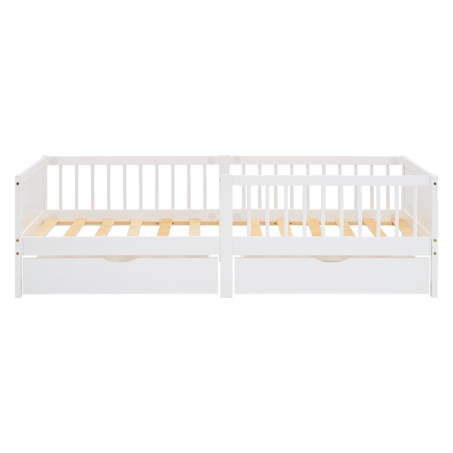 Kinderbett 90x200 cm Weiss Natur | Holzbett mit 2 Bettkästen | Einzelbett | mit Lattenrost | Rausfallschutz