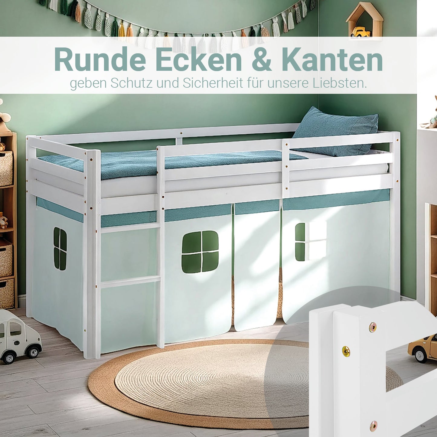Hochbett Kinder 90x200 cm Weiss mit Vorhang in Mintgrün | mit Lattenrost und Matratze