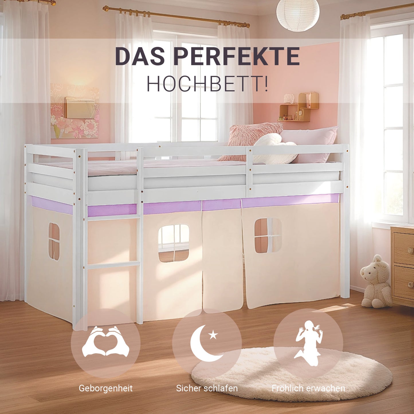 Hochbett Kinder 90x200 cm Weiss mit Vorhang in Lila Beige | mit Lattenrost