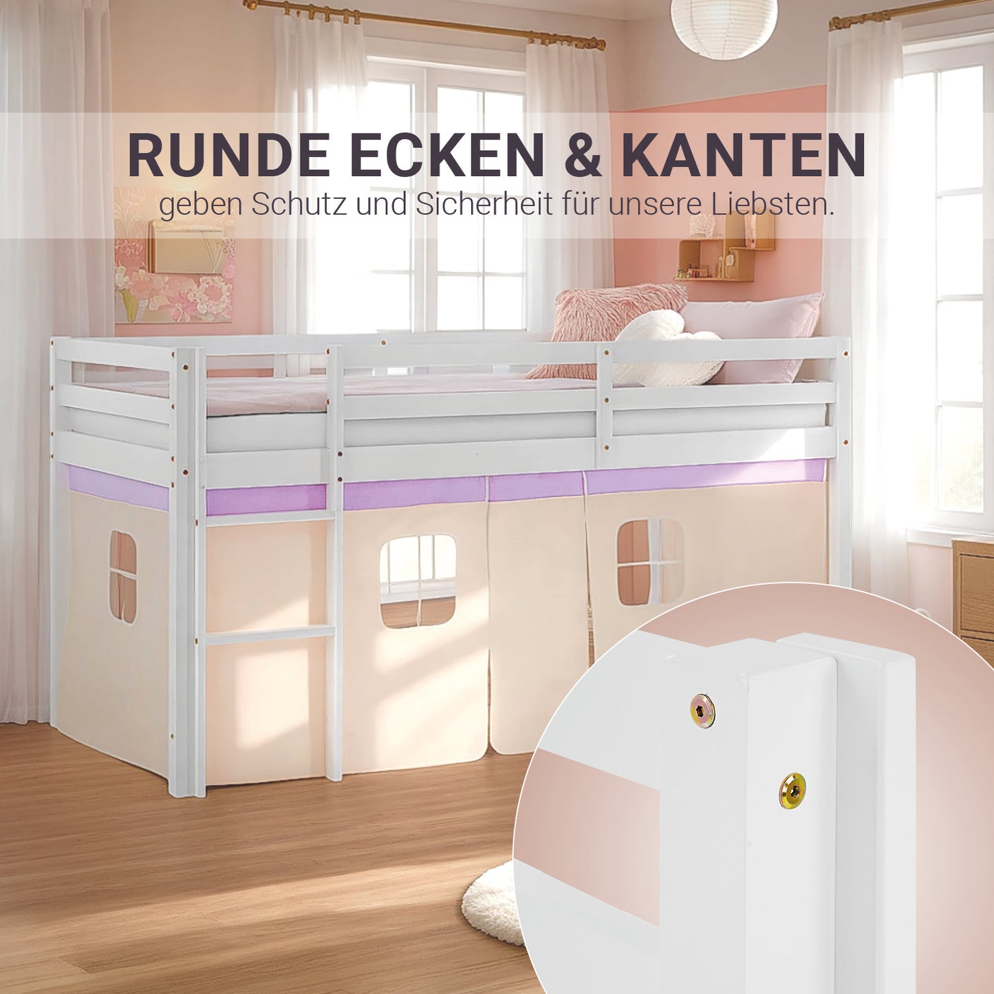 Hochbett Kinder 90x200 cm Weiss mit Vorhang in Lila Beige | mit Lattenrost und Matratze