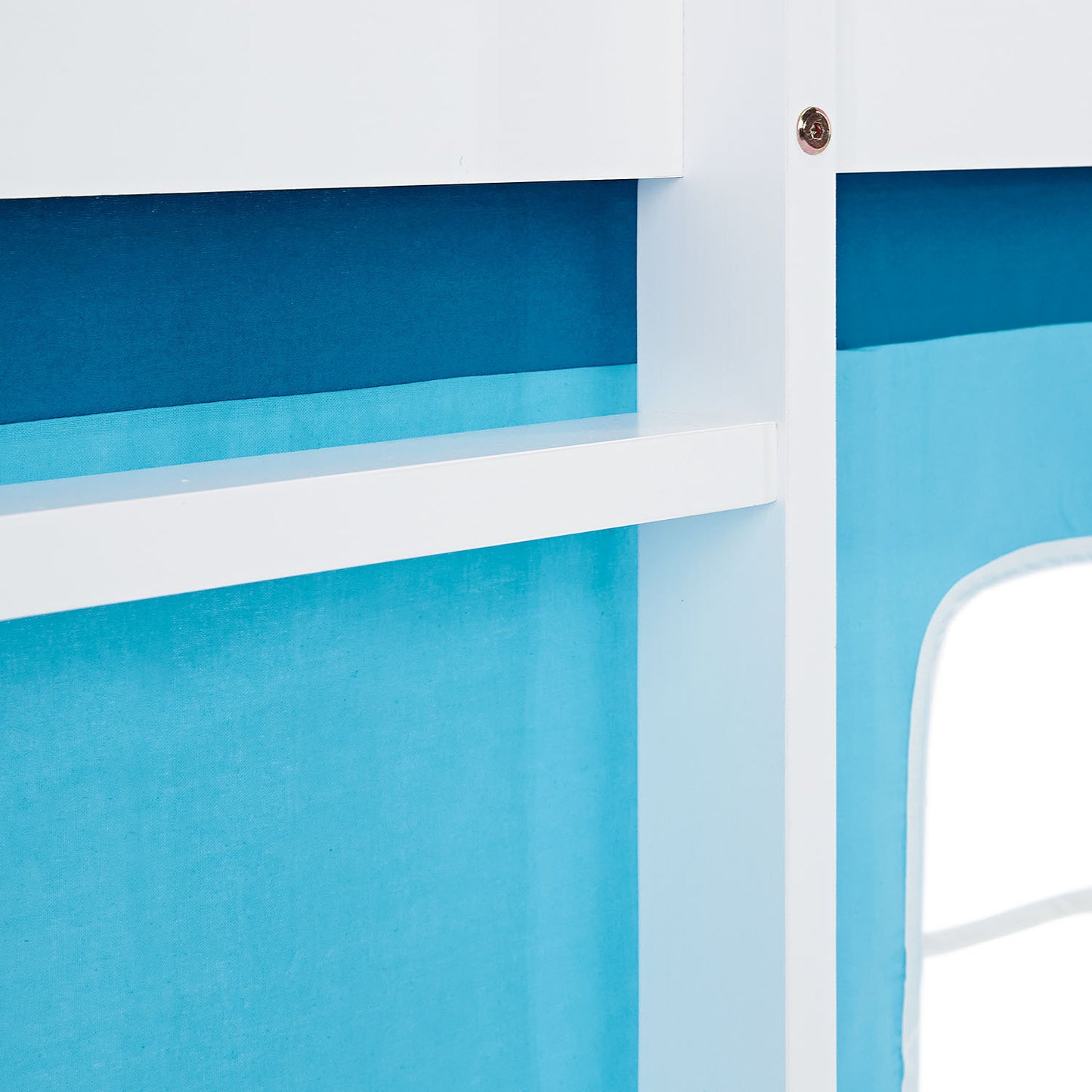 Hochbett Kinder 90x200 cm Weiss mit Vorhang in Blau | ohne Lattenrost