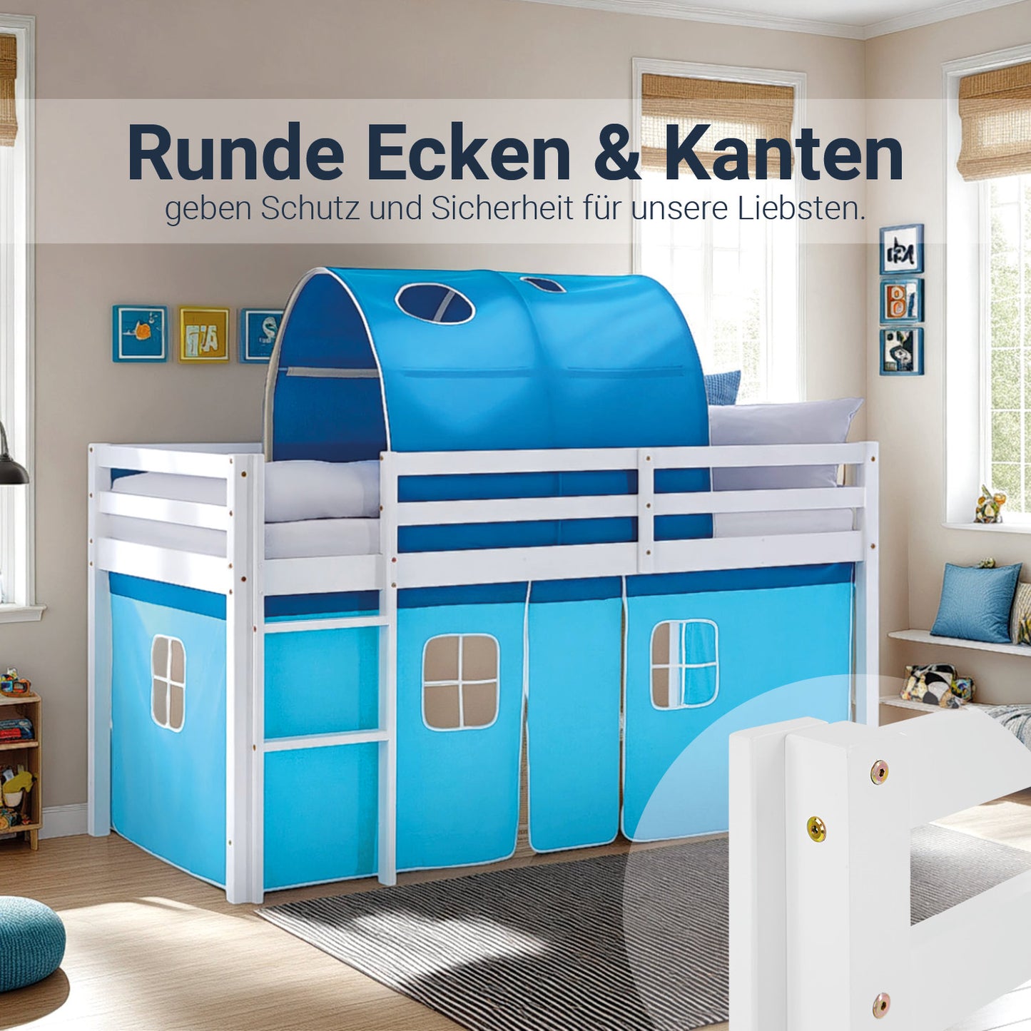 Hochbett Kinder 90x200 cm Weiss mit Vorhang in Blau | Tunnel | mit Lattenrost und Matratze