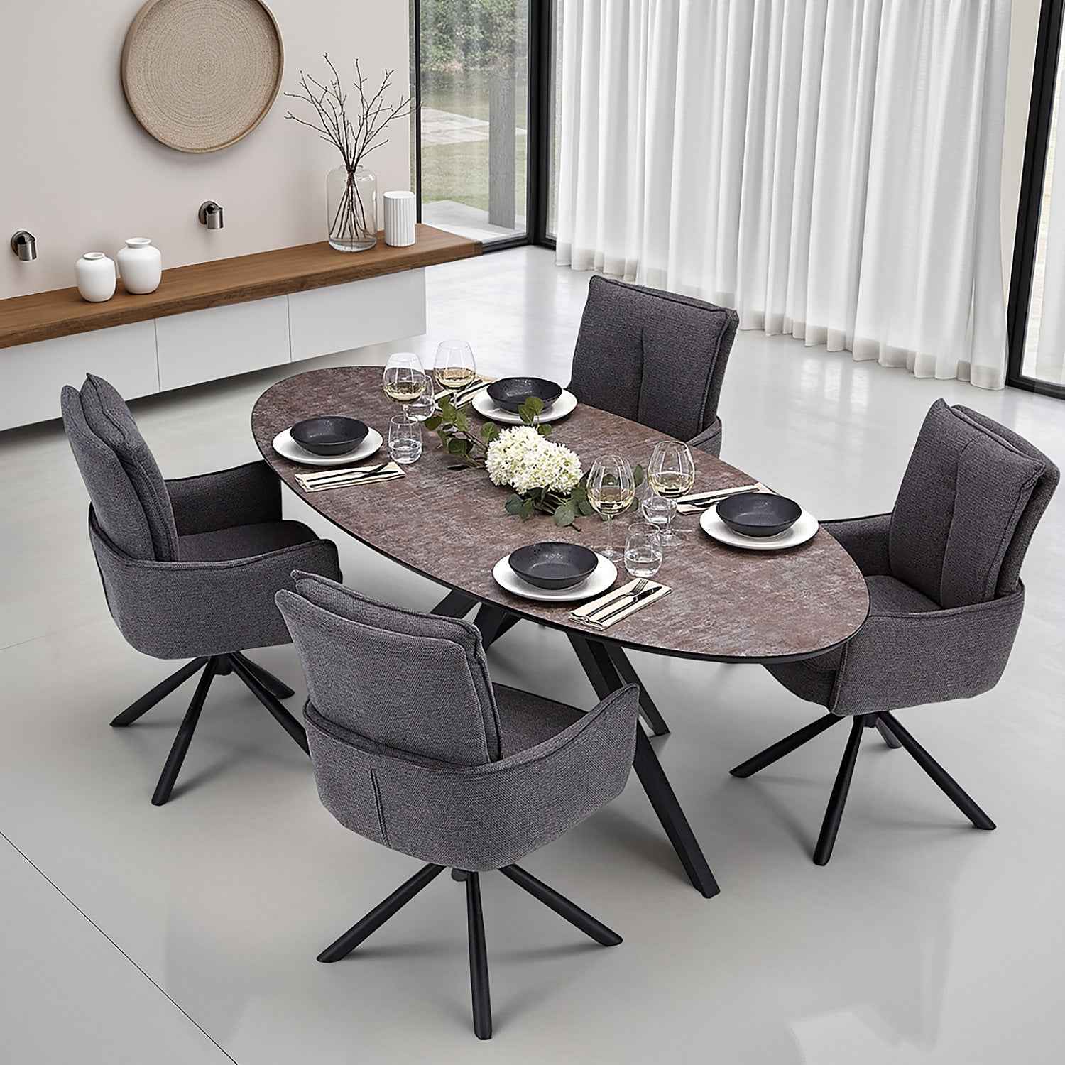 Esstisch mit 4 Stühlen Set Essgruppe Polsterstühle Drehbar Stoff Anthrazit Oval Metall Braun Schwarz