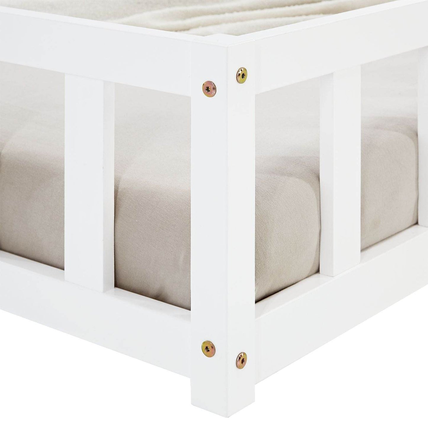 Kinderbett 90x200 Weiss | Bodenbett mit Matratze & Lattenrost | mit Rausfallschutz | Montessori - Palo24