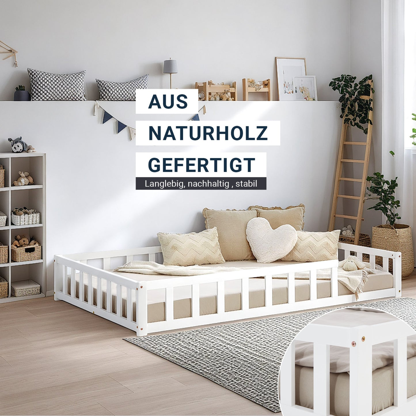 Kinderbett 120x200 Weiß | Bodenbett mit Matratze & Lattenrost | mit Rausfallschutz | Montessori