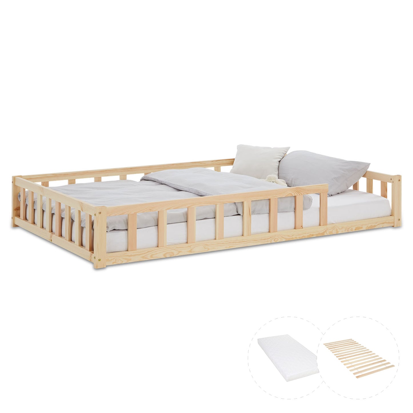 Kinderbett 120x200 Natur | Bodenbett mit Matratze & Lattenrost | mit Rausfallschutz | Montessori
