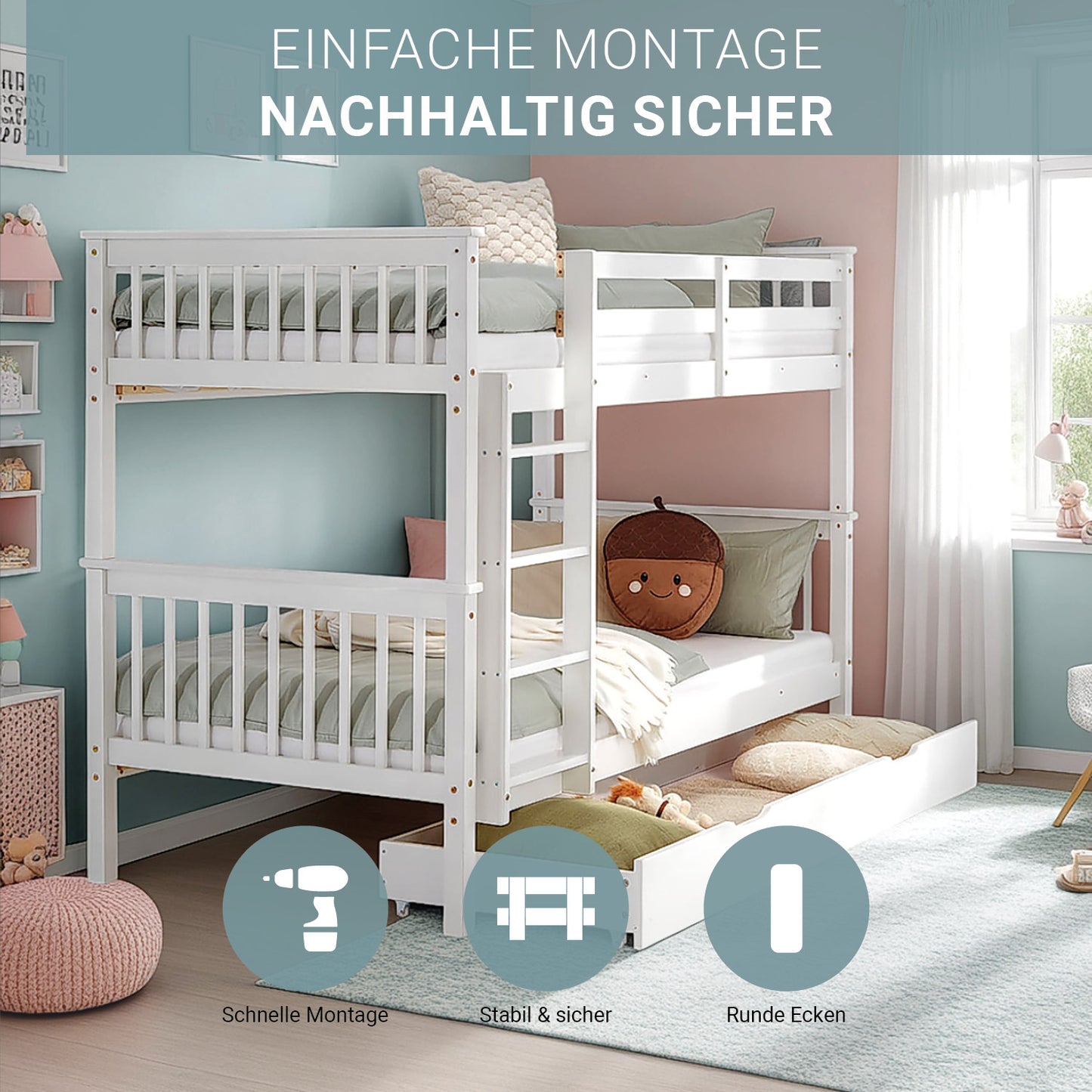 Etagenbett 90x200 cm Weiss | Kinderbett mit Bettkasten | Rausfallschutz | Umbaubar | Holz massiv