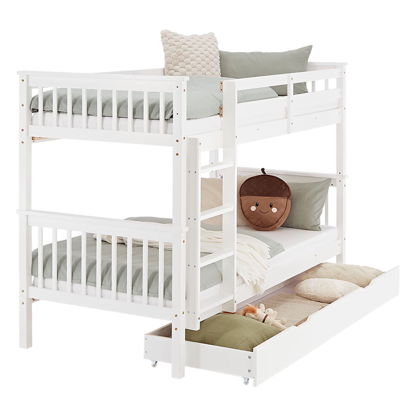 Etagenbett 90x200 cm Weiß | Kinderbett mit Matratze | mit Bettkasten | mit Lattenrost | Rausfallschutz | Umbaubar | massiv