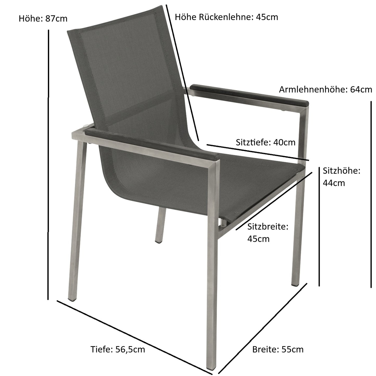Stapelsessel MELBOURNE, Edelstahl gebürstet + Kunstgewebe grau, 4 Stück - Palo24