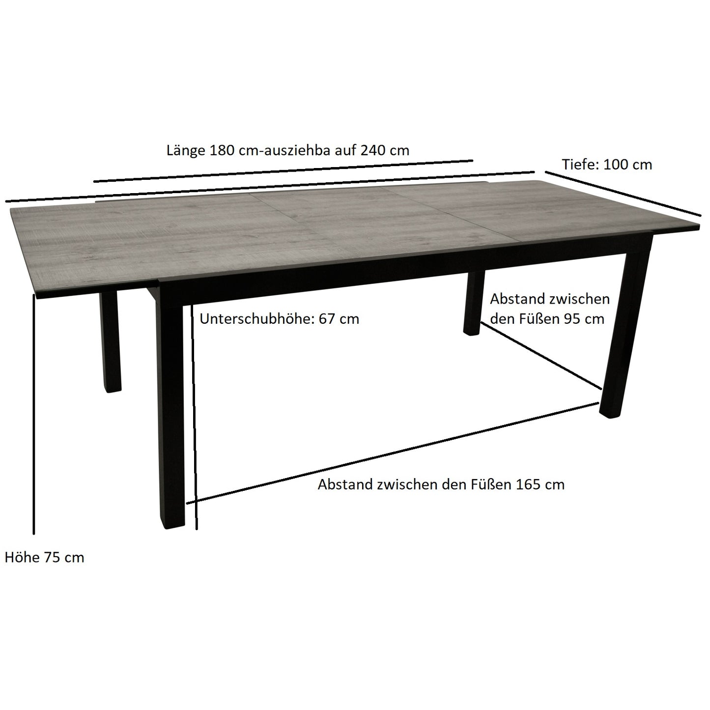 Table à rallonge FARO 180/240x100cm, aluminium anthracite + verre aspect céramique gris clair
