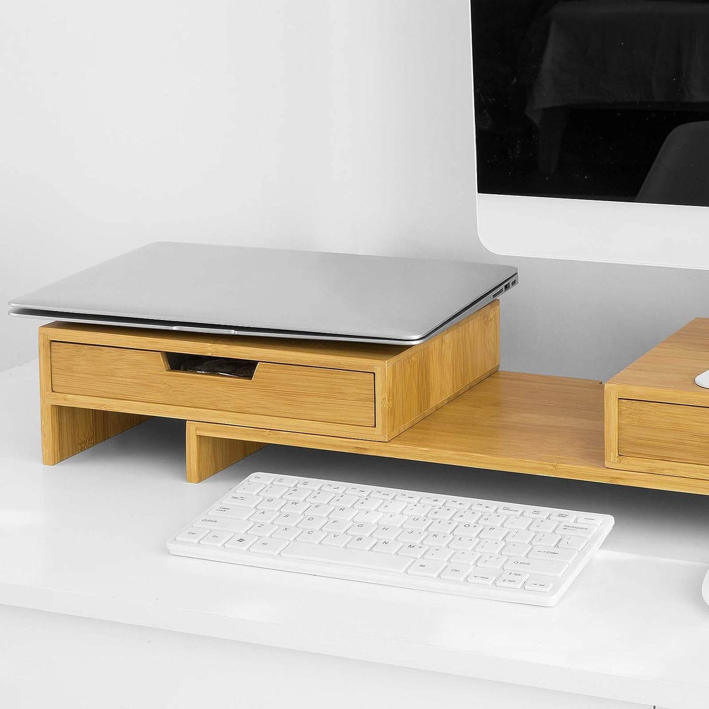Design Monitorerhöhung für 2 Monitore | Monitorständer mit 2 Schubladen | Bambus | BBF04-N - Palo24
