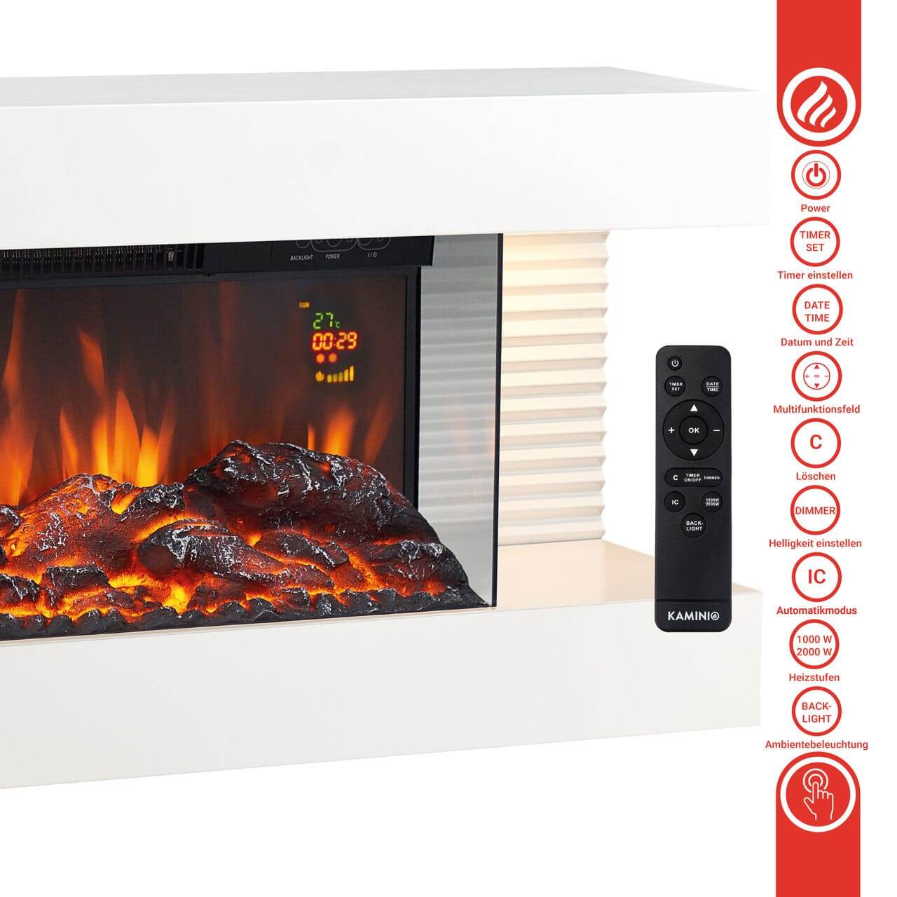 KAMINIO Elektrokamin LIZ - mit Heizung, 3D-Flammeneffekt Weiss - Palo24