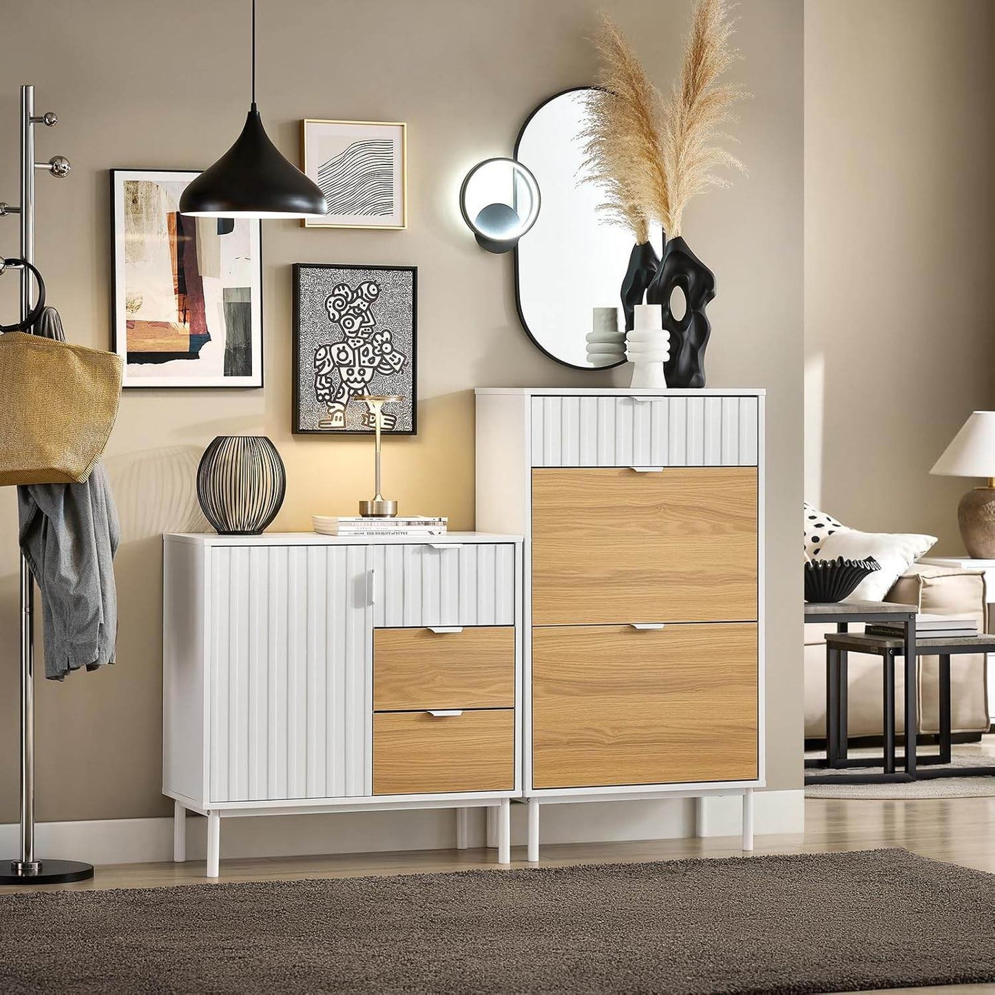 Schuhkipper mit 2 Klappen | Schuhschrank schmal | Schuhkommode | Weiss-Natur - Palo24