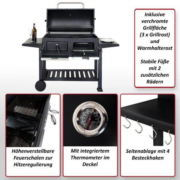 Holzkohlegrill HWC-K94, Grillwagen Standgrill BBQ Gartengrill mit Deckel Ablage, Stahl Emaille 110x153x60cm schwarz - Palo24