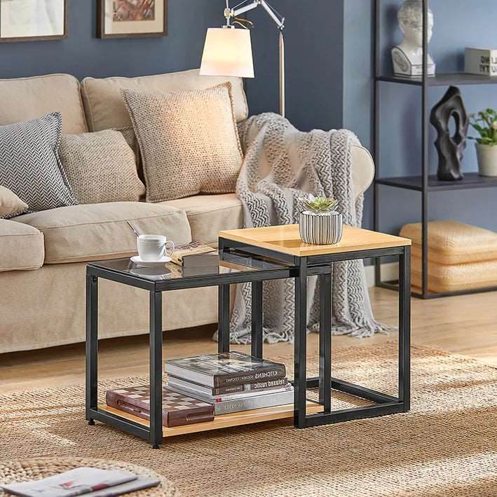 2-tlg. Satztisch Set | Couchtisch mit Glas | Beistelltisch Set - Palo24