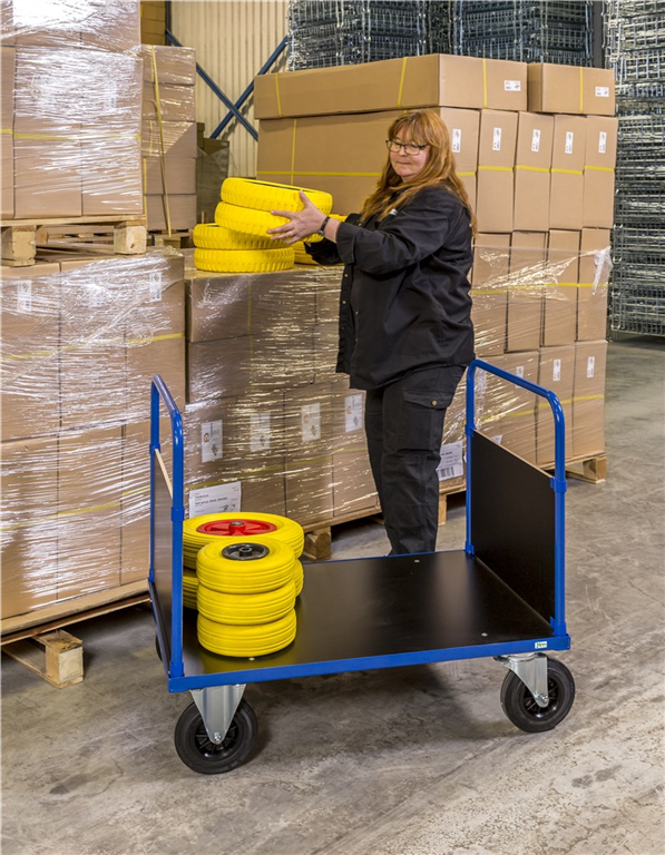 Carrello con piattaforma a parete bifacciale in MDF blu per trasporto scolastico industriale