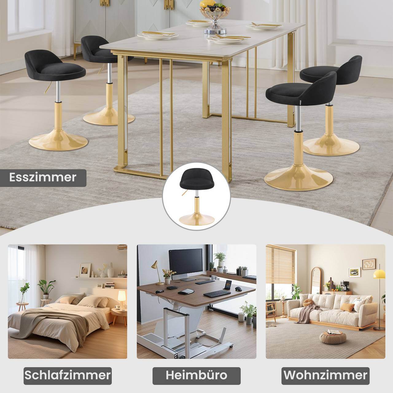 Schminkhocker höhenverstellbar Drehhocker, Samt Schwarz+Gold - Palo24