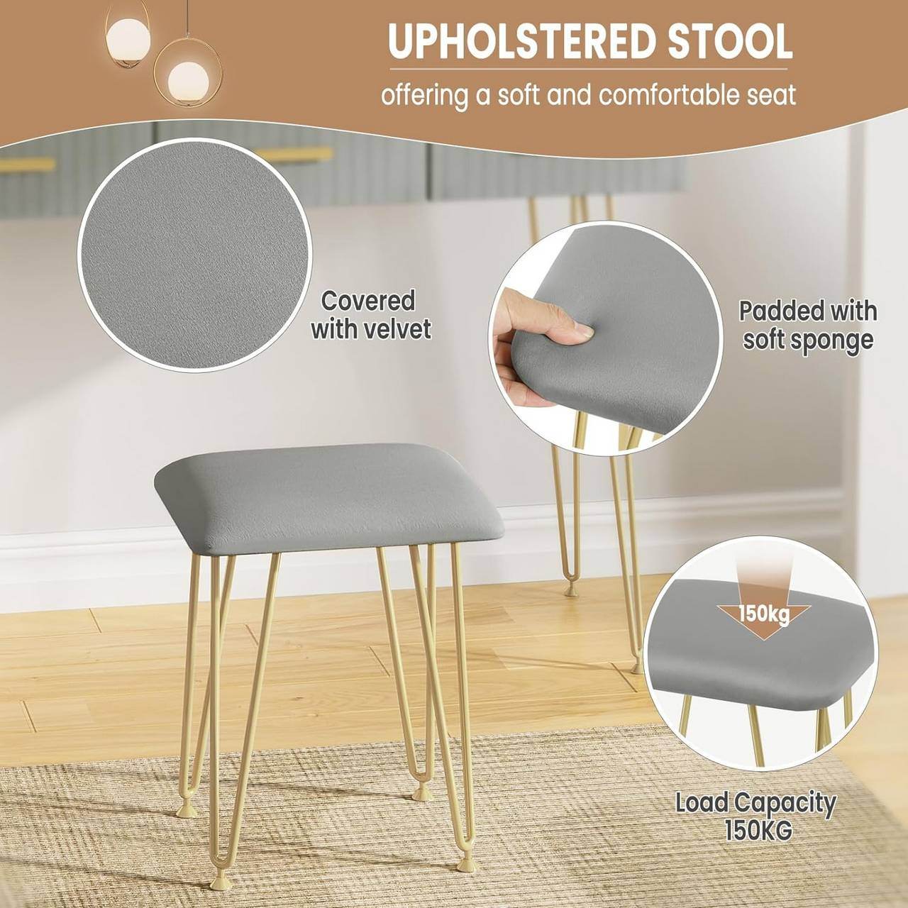 Schminktisch mit LED Samthocker, 3 Schubladen, Weiss Gold Grau - Palo24