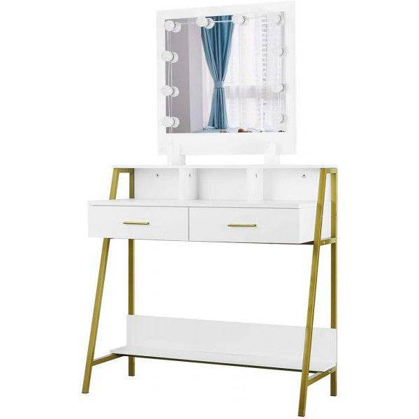 Schminktisch LED Spiegel 2 Schubladen Weiss Gold - Palo24