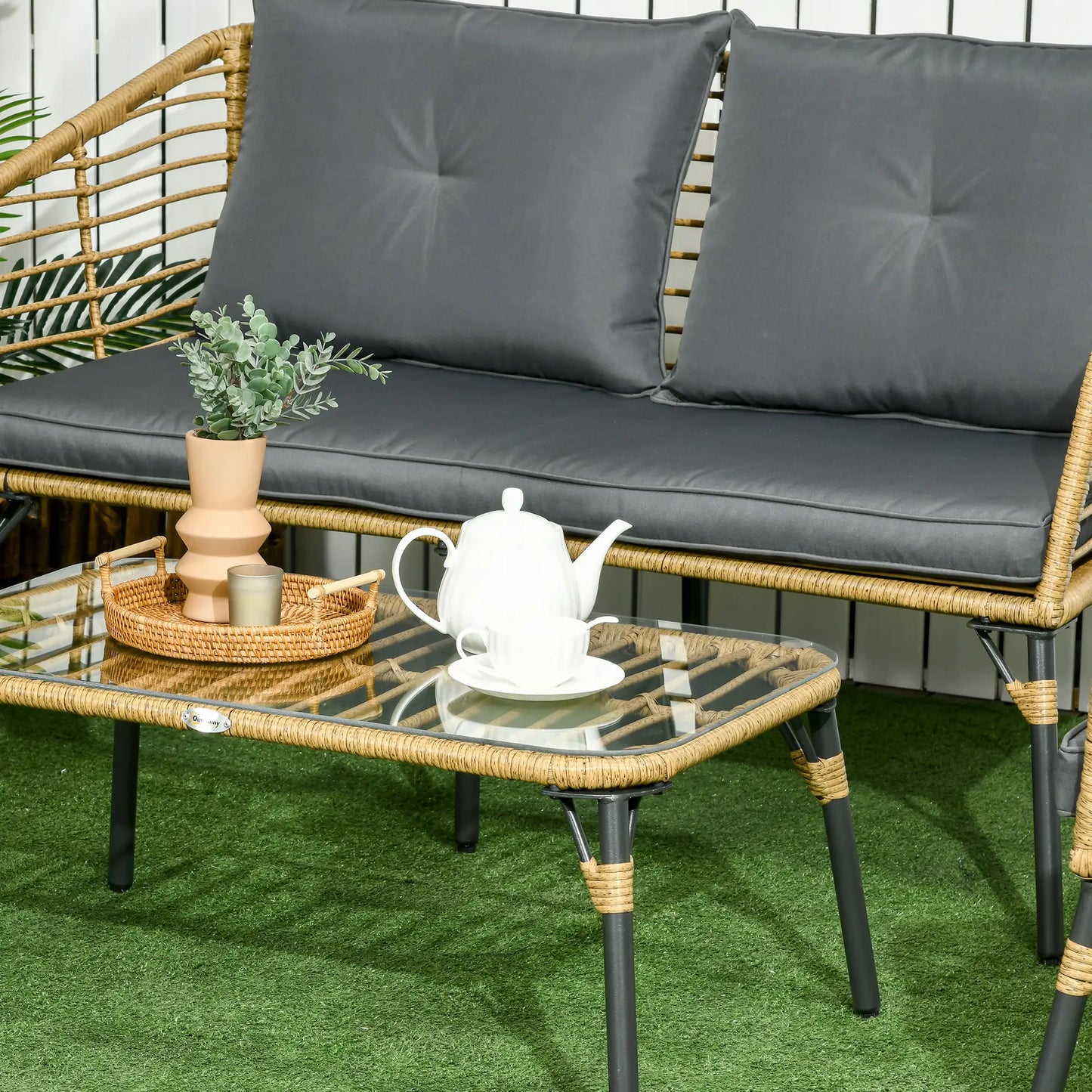 4-teilige Gartenmöbel-Set aus Rattan, Boho-Stil, Sitzgruppe Lounge Sand + Dunkelgrau