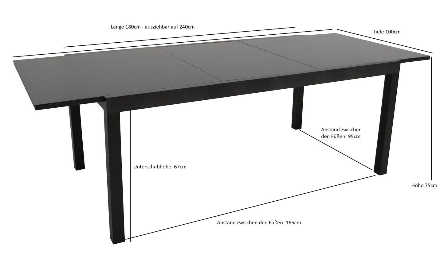 Gartentisch Ausziehtisch ELBA 180/240x100cm Alu Glas Schwarz - Palo24