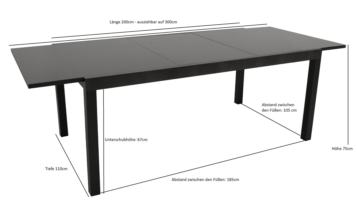 Gartentisch Ausziehtisch ELBA 200/300x110cm Alu Glas schwarz - Palo24