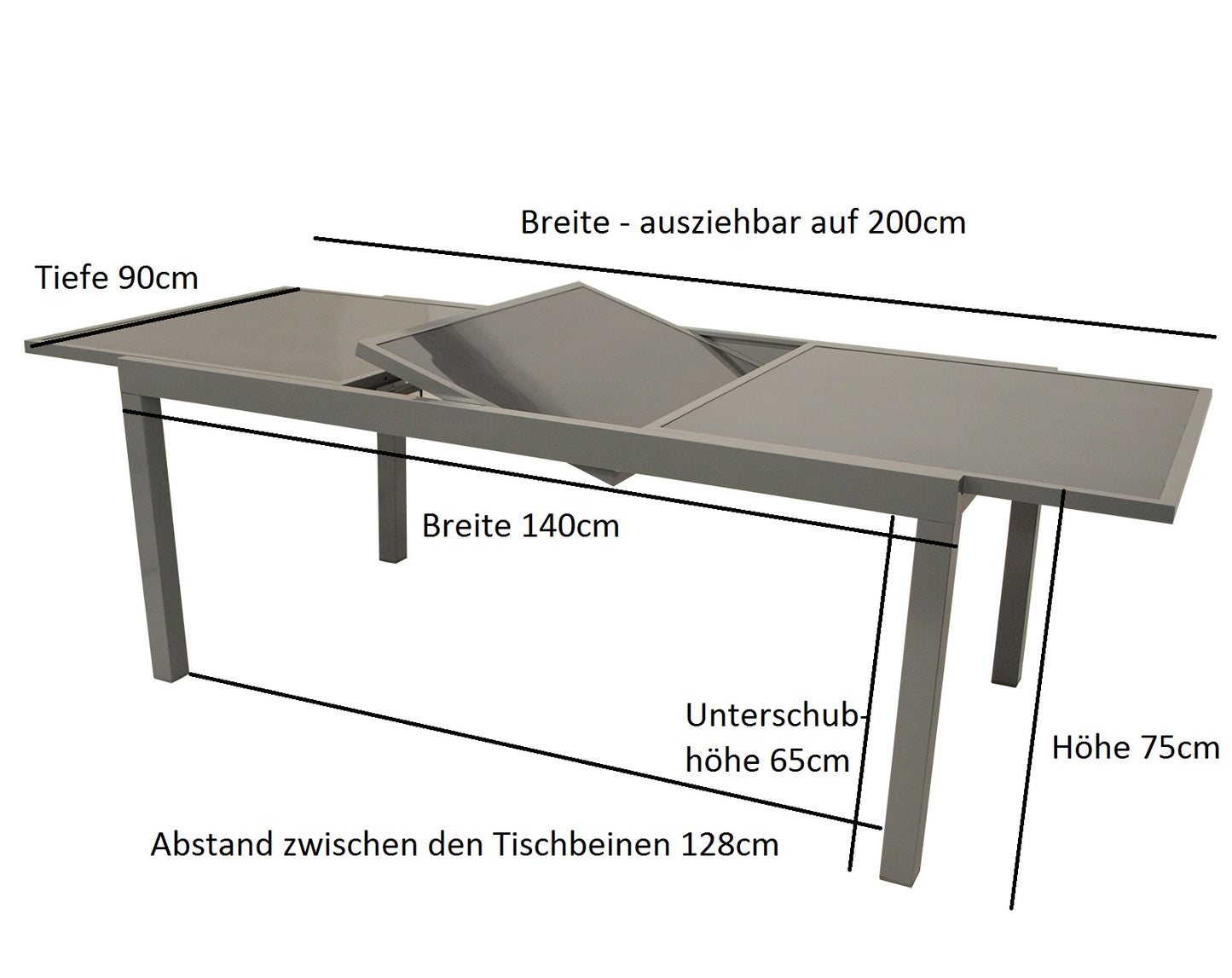 Table extensible PISA 140/200x90cm, aluminium + verre