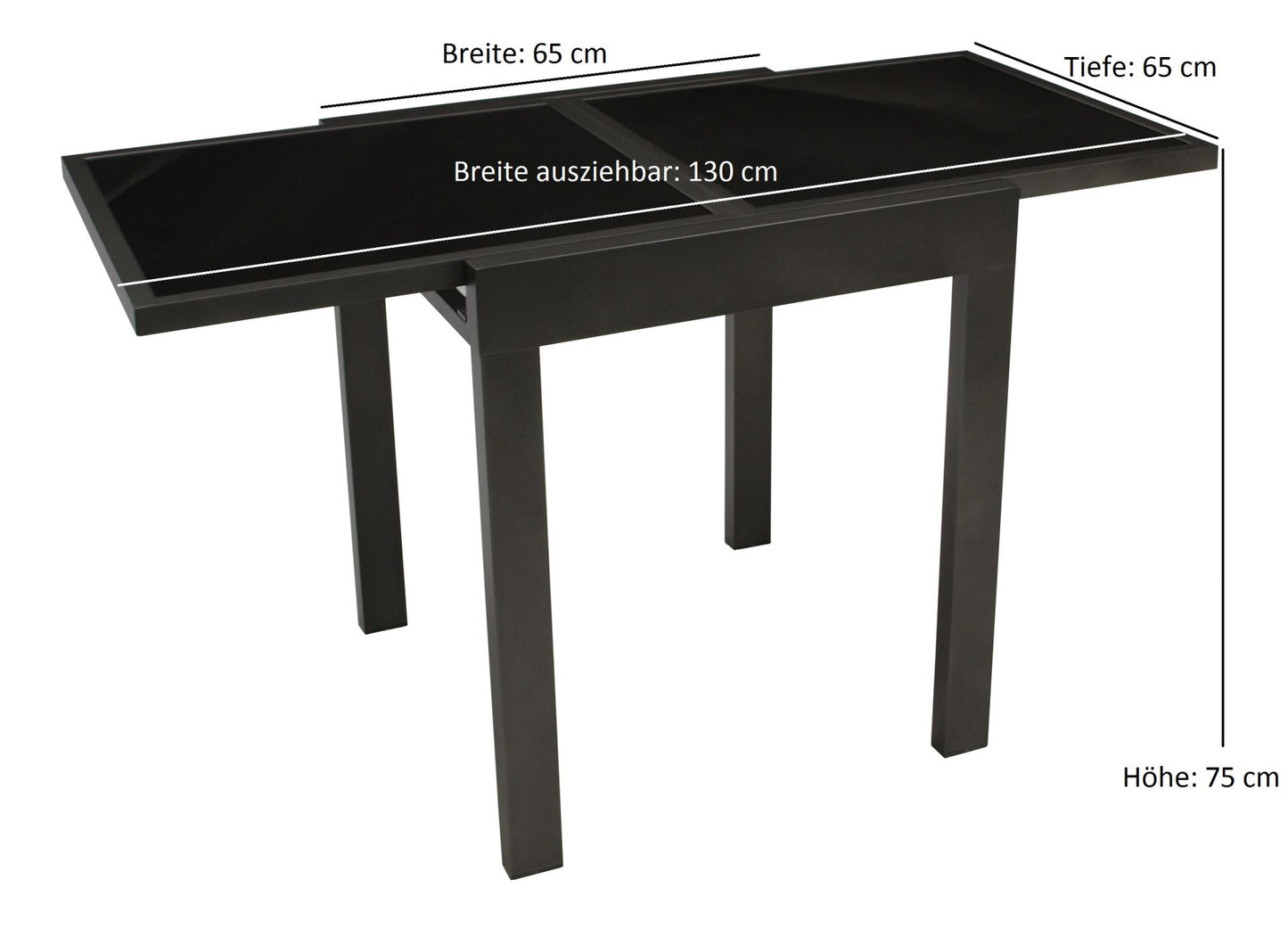 Table de balcon extensible TORINO 65/130x65cm, aluminium anthracite + verre noir
