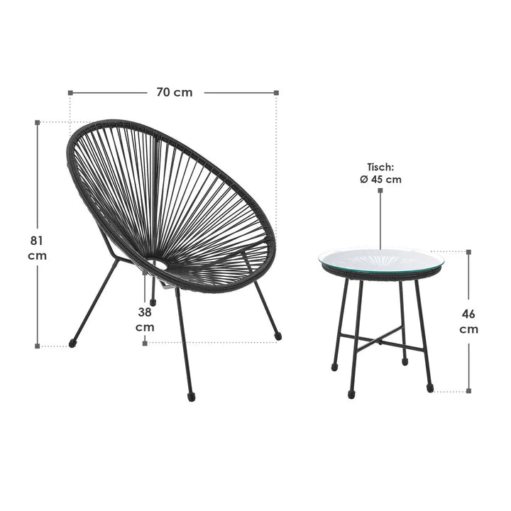Balkonmöbel Set Ostana 3-teilig Schwarz Sitzgruppe im Retro-Design mit Tisch & 2 Sesseln