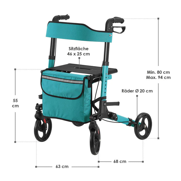 Déambulateur en aluminium Vital pliable avec siège et sac à provisions en essence