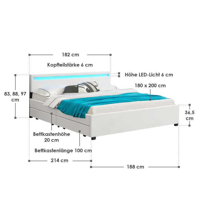 LED Polsterbett Lyon mit Bettkasten 180x200 cm mit Lattenrost weiss - Palo24