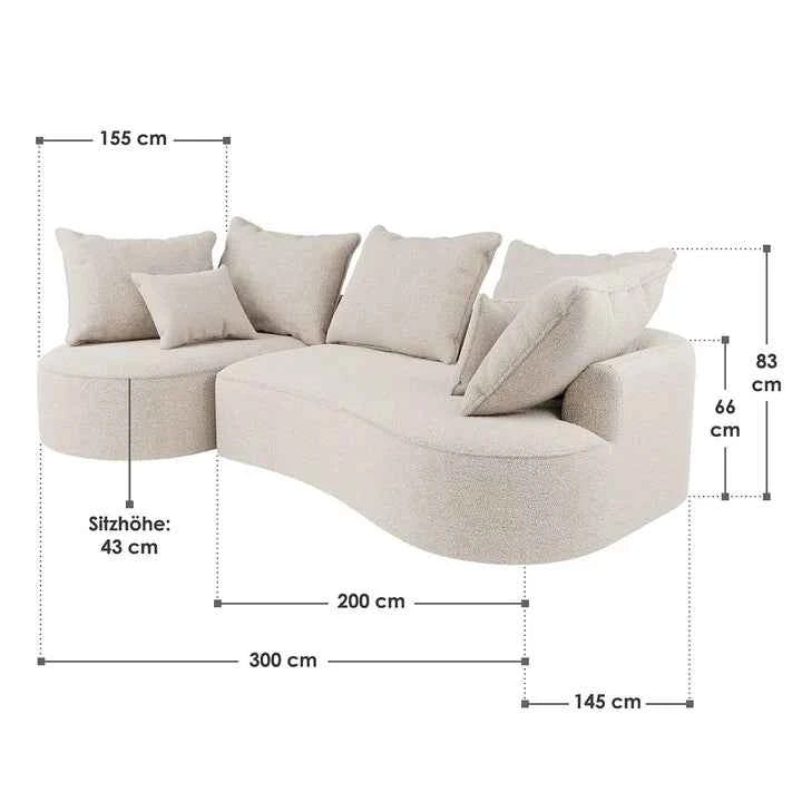 Sofa Tirano mit Ottomane & Dekokissen aus Boucléstoff Creme Links