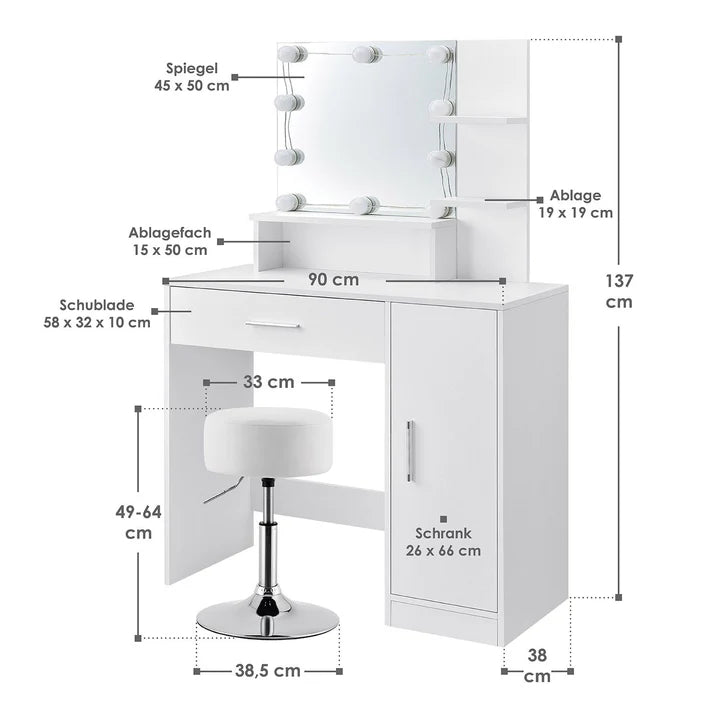 Schminktisch Zoey mit LED & Hocker Tonia - Palo24