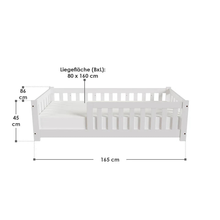 Kinderbett Naya 80x160 cm mit Lattenrost & Rausfallschutz - Weiss