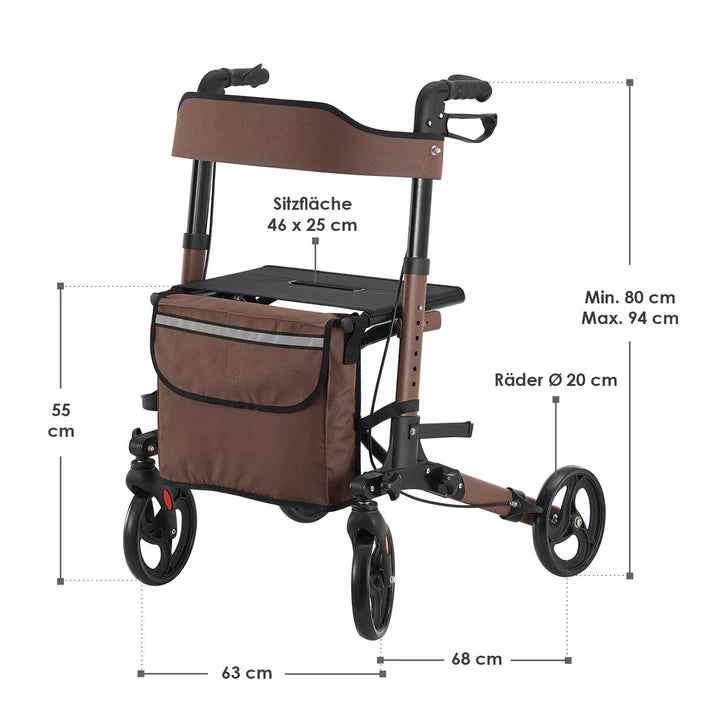 Aluminium Rollator Vital klappbar mit Sitzfläche & Einkaufstasche in braun
