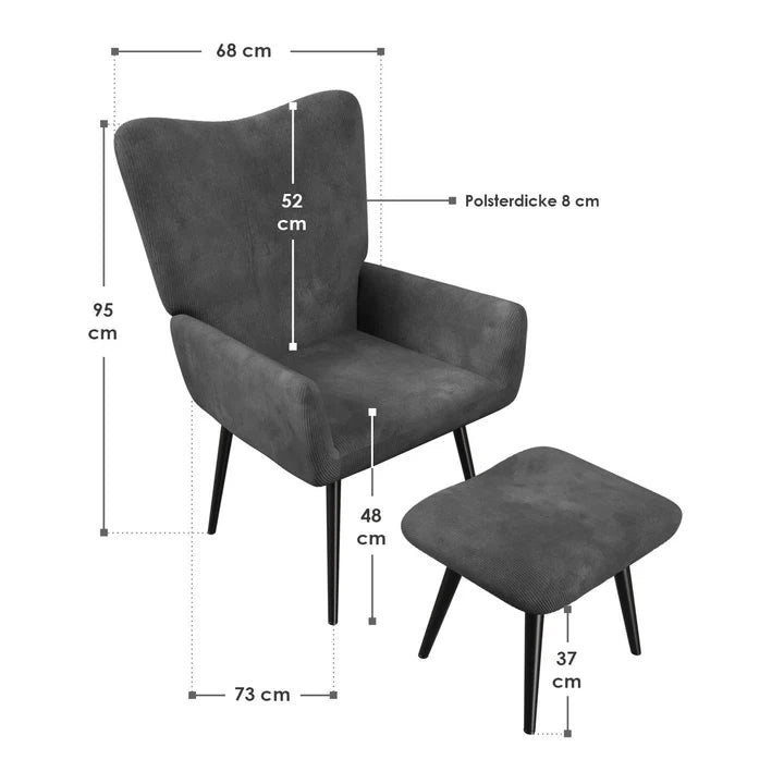 Ohrensessel Relaxsessel Cord mit Hocker Grau