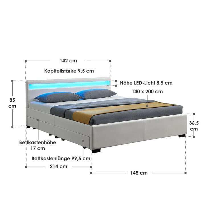 Letto imbottito LED Lyon con contenitore 140 x 200 cm - bianco