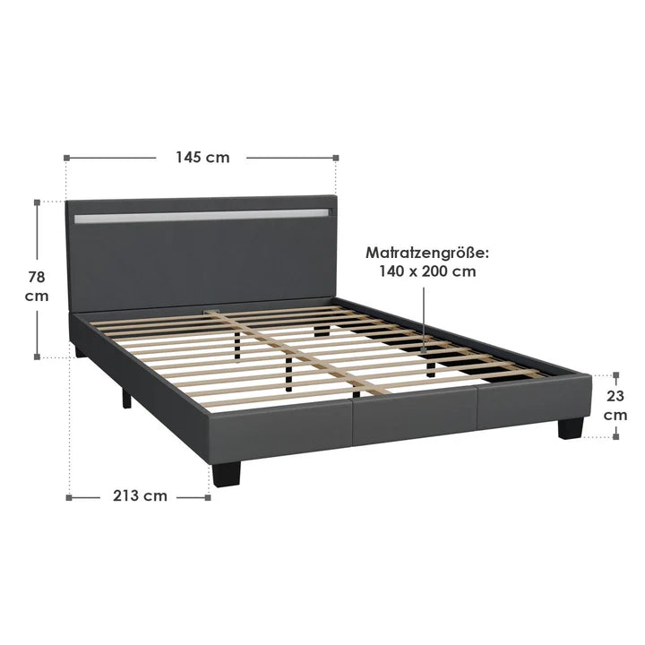 Letto imbottito LED Paris 140 x 200 cm rete a doghe grigio