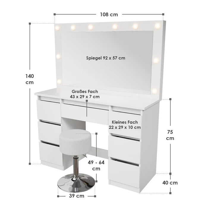 Schminktisch mit Spiegel Lilia mit Hocker Tonia