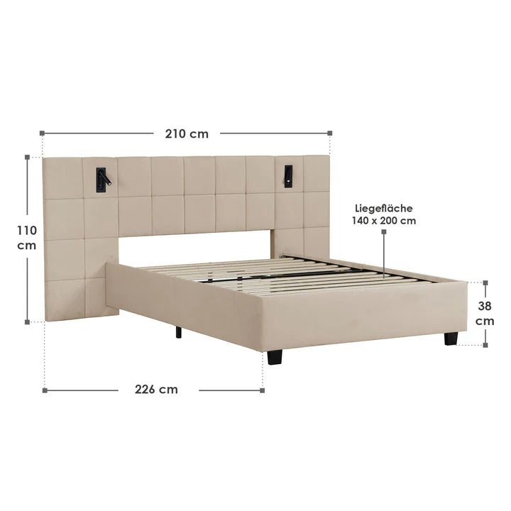 Polsterbett 140x200 cm Luzano - LED Lattenrost & Kopfteil - Samt Beige - Palo24